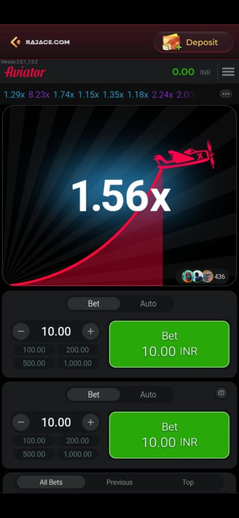 Rajace Game Aviator screen with multiplier display and betting interface
