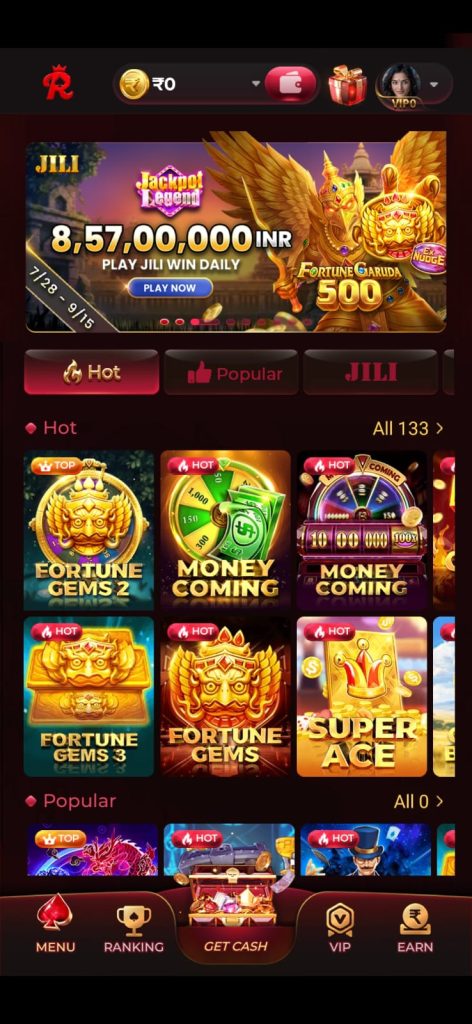 Rajace Game home screen with popular games and royal red gold interface